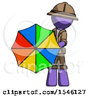 Poster, Art Print Of Purple Explorer Ranger Man Holding Rainbow Umbrella Out To Viewer