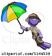 Poster, Art Print Of Purple Explorer Ranger Man Flying With Rainbow Colored Umbrella
