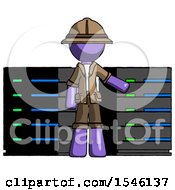 Poster, Art Print Of Purple Explorer Ranger Man With Server Racks In Front Of Two Networked Systems
