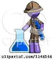 Poster, Art Print Of Purple Explorer Ranger Man Holding Test Tube Beside Beaker Or Flask