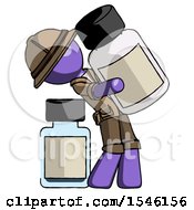 Poster, Art Print Of Purple Explorer Ranger Man Holding Large White Medicine Bottle With Bottle In Background