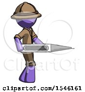 Purple Explorer Ranger Man Walking With Large Thermometer
