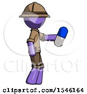 Poster, Art Print Of Purple Explorer Ranger Man Holding Blue Pill Walking To Right