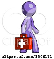 Purple Design Mascot Man Walking With Medical Aid Briefcase To Right
