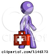 Purple Design Mascot Woman Walking With Medical Aid Briefcase To Right