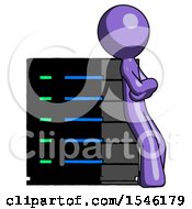 Poster, Art Print Of Purple Design Mascot Man Resting Against Server Rack Viewed At Angle