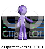Poster, Art Print Of Purple Design Mascot Man With Server Racks In Front Of Two Networked Systems