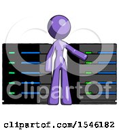 Poster, Art Print Of Purple Design Mascot Woman With Server Racks In Front Of Two Networked Systems