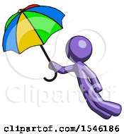 Purple Design Mascot Man Flying With Rainbow Colored Umbrella