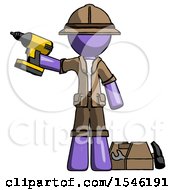 Poster, Art Print Of Purple Explorer Ranger Man Holding Drill Ready To Work Toolchest And Tools To Right
