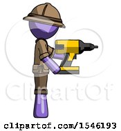 Poster, Art Print Of Purple Explorer Ranger Man Using Drill Drilling Something On Right Side