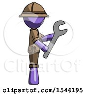 Poster, Art Print Of Purple Explorer Ranger Man Using Wrench Adjusting Something To Right