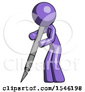 Purple Design Mascot Man Cutting With Large Scalpel