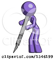 Purple Design Mascot Woman Cutting With Large Scalpel