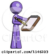 Purple Design Mascot Woman Using Clipboard And Pencil