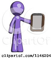 Purple Design Mascot Man Showing Clipboard To Viewer