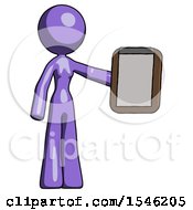 Purple Design Mascot Woman Showing Clipboard To Viewer