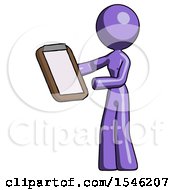 Purple Design Mascot Woman Reviewing Stuff On Clipboard