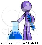 Purple Design Mascot Man Holding Test Tube Beside Beaker Or Flask