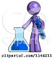 Purple Design Mascot Woman Holding Test Tube Beside Beaker Or Flask