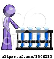 Purple Design Mascot Woman Using Test Tubes Or Vials On Rack