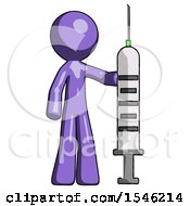 Purple Design Mascot Man Holding Large Syringe