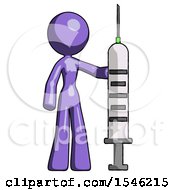 Purple Design Mascot Woman Holding Large Syringe