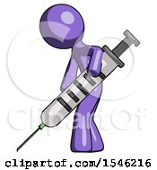 Purple Design Mascot Man Using Syringe Giving Injection