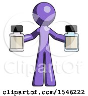 Purple Design Mascot Man Holding Two Medicine Bottles