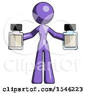 Purple Design Mascot Woman Holding Two Medicine Bottles