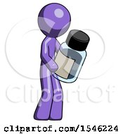 Purple Design Mascot Man Holding Glass Medicine Bottle
