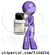 Purple Design Mascot Man Holding White Medicine Bottle