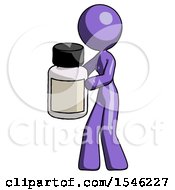 Purple Design Mascot Woman Holding White Medicine Bottle