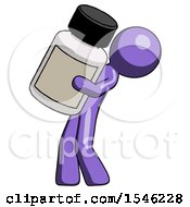 Purple Design Mascot Man Holding Large White Medicine Bottle