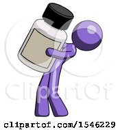 Purple Design Mascot Woman Holding Large White Medicine Bottle