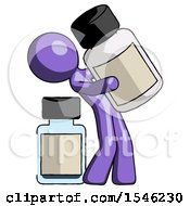 Purple Design Mascot Man Holding Large White Medicine Bottle With Bottle In Background