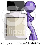 Purple Design Mascot Man Leaning Against Large Medicine Bottle