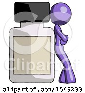 Purple Design Mascot Woman Leaning Against Large Medicine Bottle