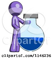 Purple Design Mascot Man Standing Beside Large Round Flask Or Beaker