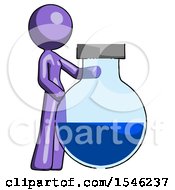 Purple Design Mascot Woman Standing Beside Large Round Flask Or Beaker