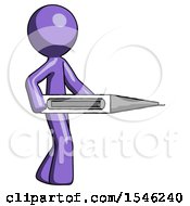 Purple Design Mascot Man Walking With Large Thermometer