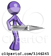 Purple Design Mascot Woman Walking With Large Thermometer