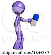 Purple Design Mascot Woman Holding Blue Pill Walking To Right