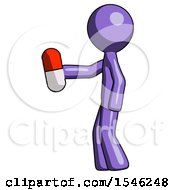 Purple Design Mascot Man Holding Red Pill Walking To Left