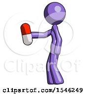 Purple Design Mascot Woman Holding Red Pill Walking To Left