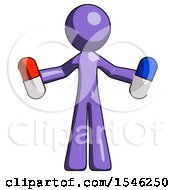 Purple Design Mascot Man Holding A Red Pill And Blue Pill