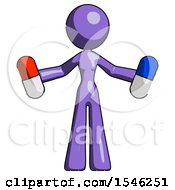 Poster, Art Print Of Purple Design Mascot Woman Holding A Red Pill And Blue Pill