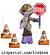 Poster, Art Print Of Purple Explorer Ranger Man Holding Stop Sign By Traffic Cones Under Construction Concept