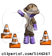 Purple Explorer Ranger Man Standing By Traffic Cones Waving