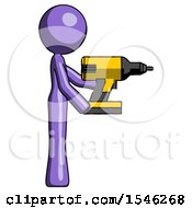 Purple Design Mascot Woman Using Drill Drilling Something On Right Side